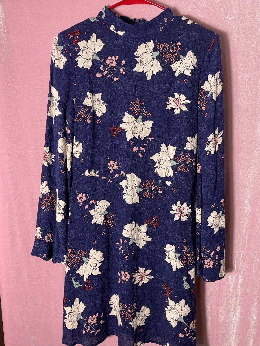 NWT S/P dark blue floral long sleeve mock neck dress with pockets